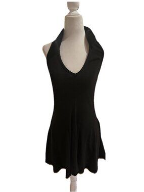Zara Snatched Bodycon Mini Dress Size Med Black Collar V Neck Stretch Date Night